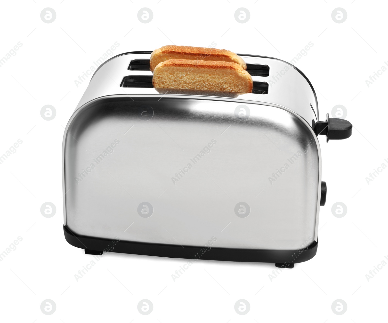 Photo of Modern toaster with bread on white background