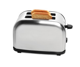 Modern toaster with bread on white background