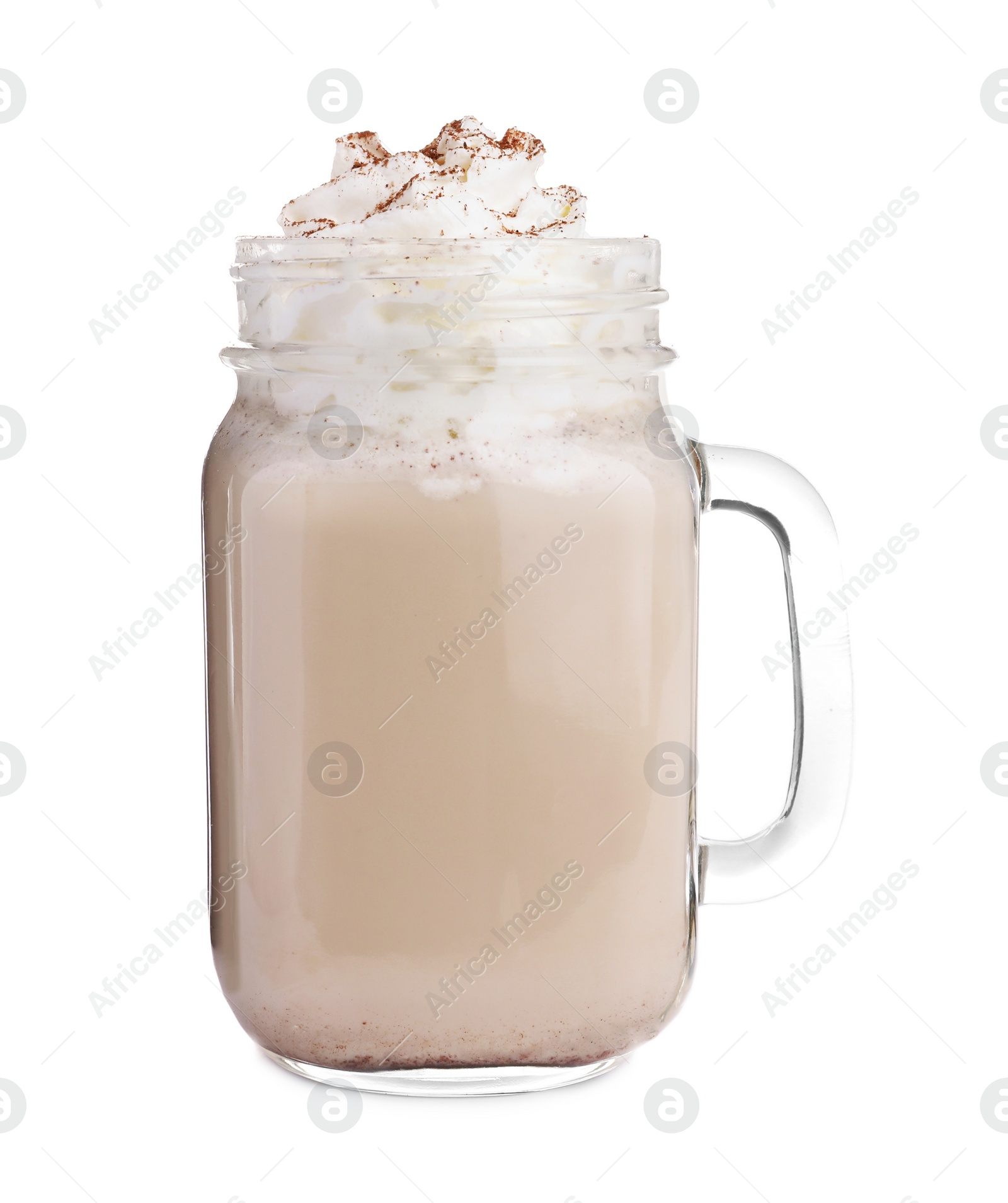 Photo of Delicious Christmas liqueur with whipped cream on white background