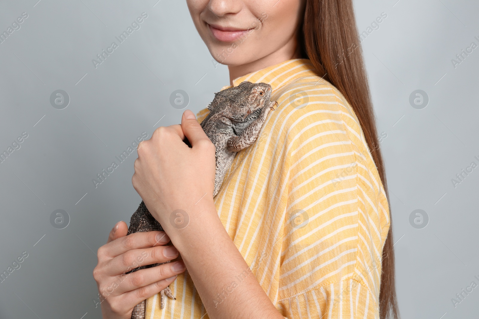 Photo of Woman holding bearded lizard on grey background, closeup. Exotic pet