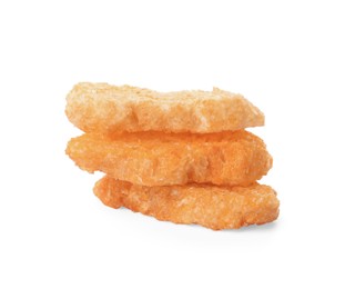 Photo of Stack of delicious crispy rusks on white background