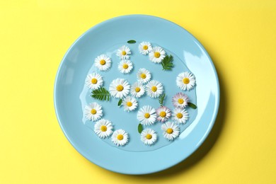 Photo of Light blue plate with water, leaves and daisy flowers on yellow background, top view
