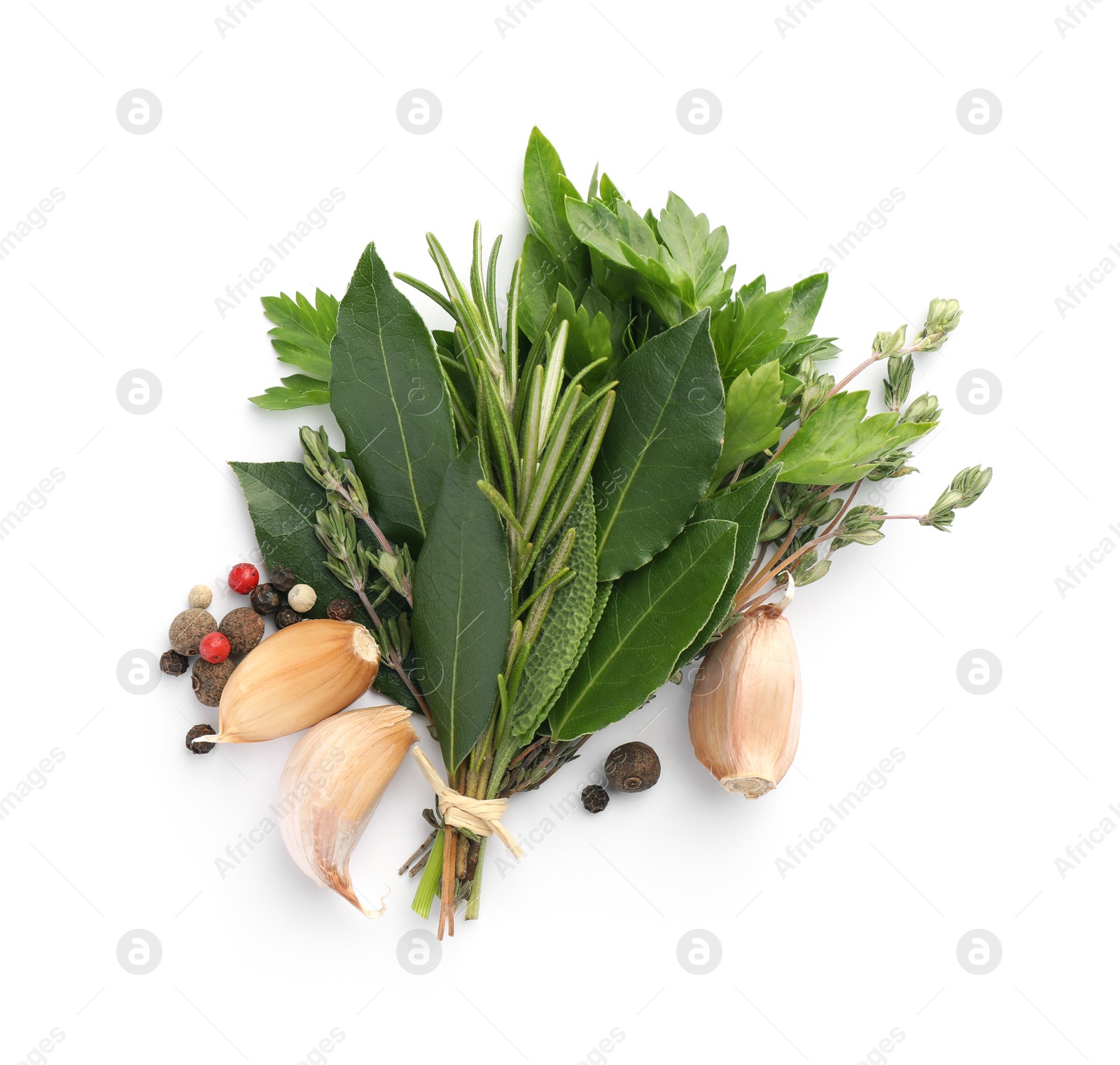 Photo of Aromatic bay leaves, different herbs and spices isolated on white, top view