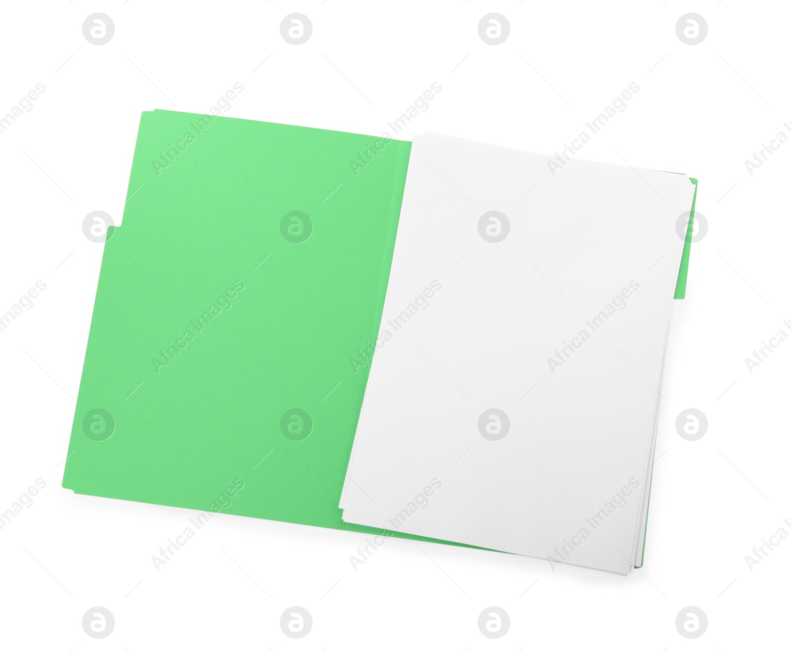 Photo of Light green file with blank sheets of paper on white background, top view. Space for design