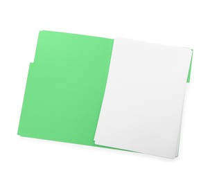 Photo of Light green file with blank sheets of paper on white background, top view. Space for design