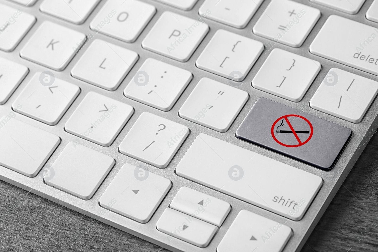 Image of Grey button with sign No smoking on computer keyboard, closeup