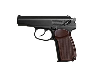 Photo of Standard handgun on grey background. Semi-automatic pistol