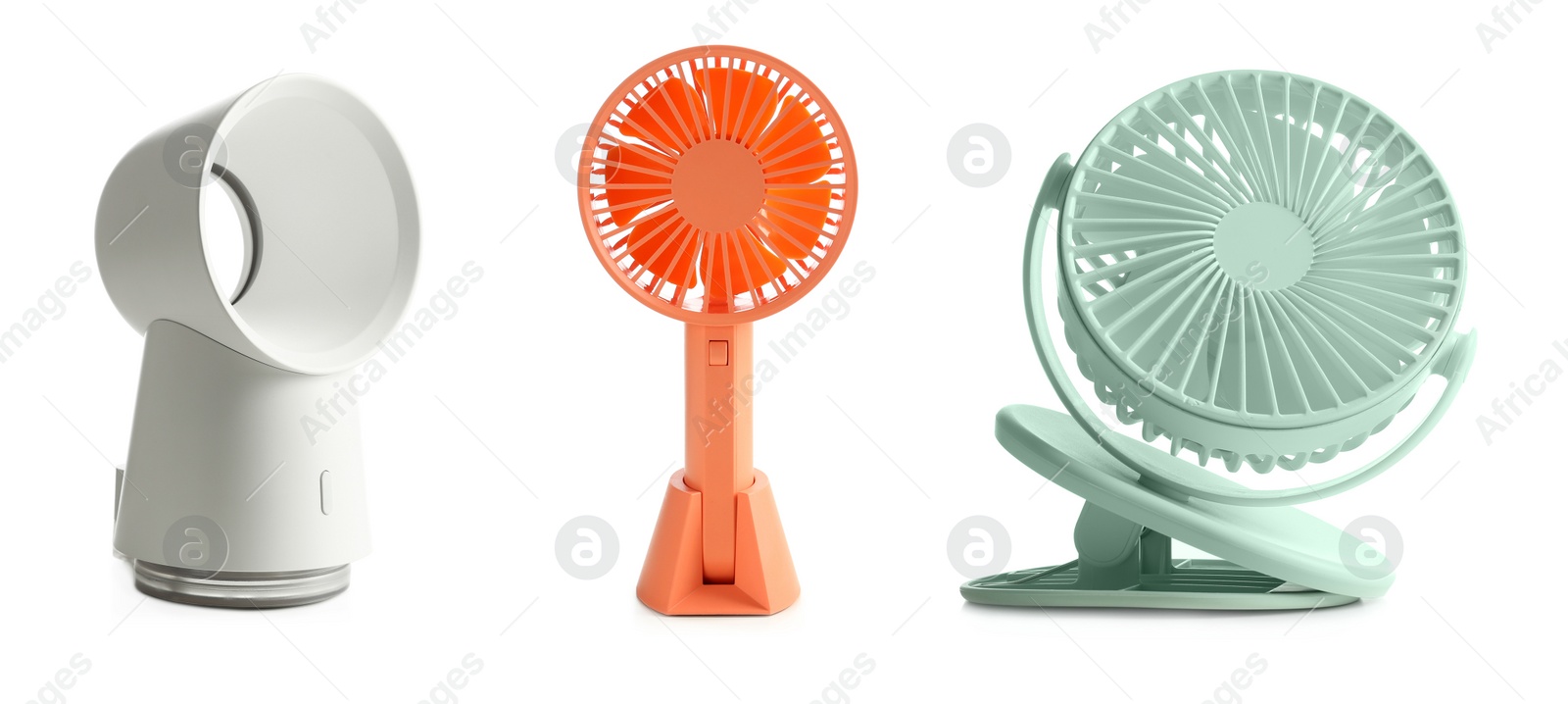 Image of Set of different fans on white background, banner design