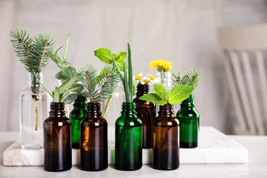 Photo of Glass bottles of different essential oils with plants on table