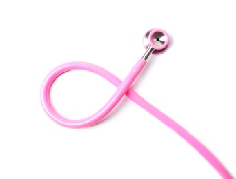 Photo of Pink stethoscope as awareness ribbon isolated on white, top view. Breast cancer concept