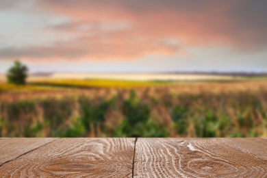 Image of Empty wooden surface and blurred view of beautiful corn field. Space for text