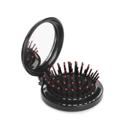 Photo of Round folding hair brush with mirror isolated on white