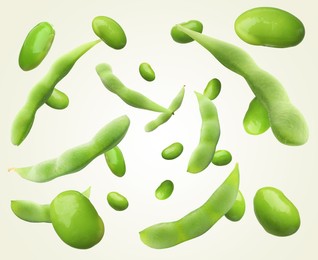 Image of Fresh edamame soybeans and pods falling on color background