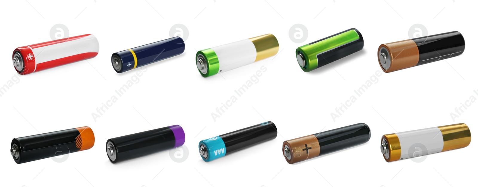 Image of Many batteries of different types on white background, collage. Banner design