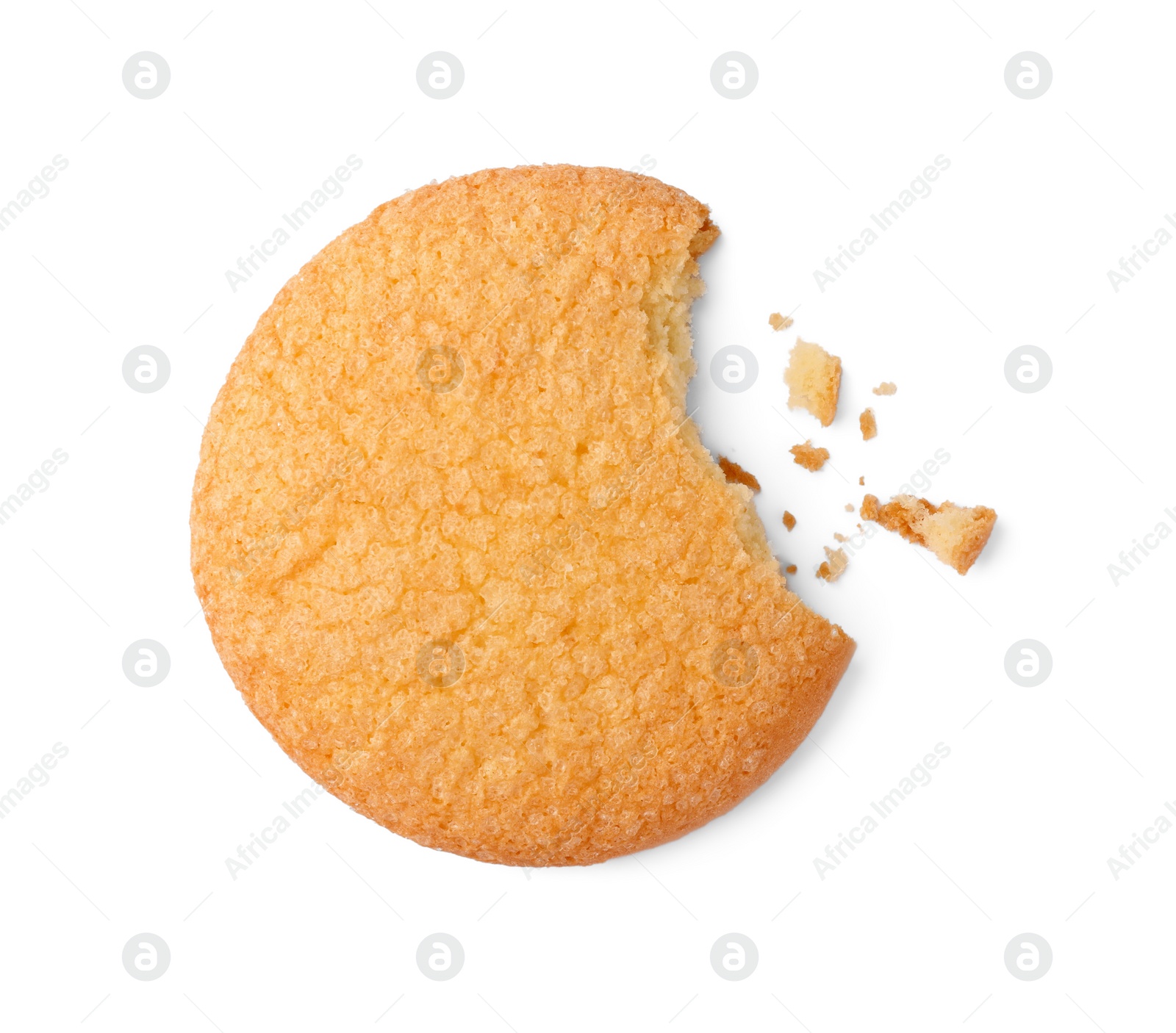 Photo of Bitten tasty Danish butter cookie isolated on white, top view