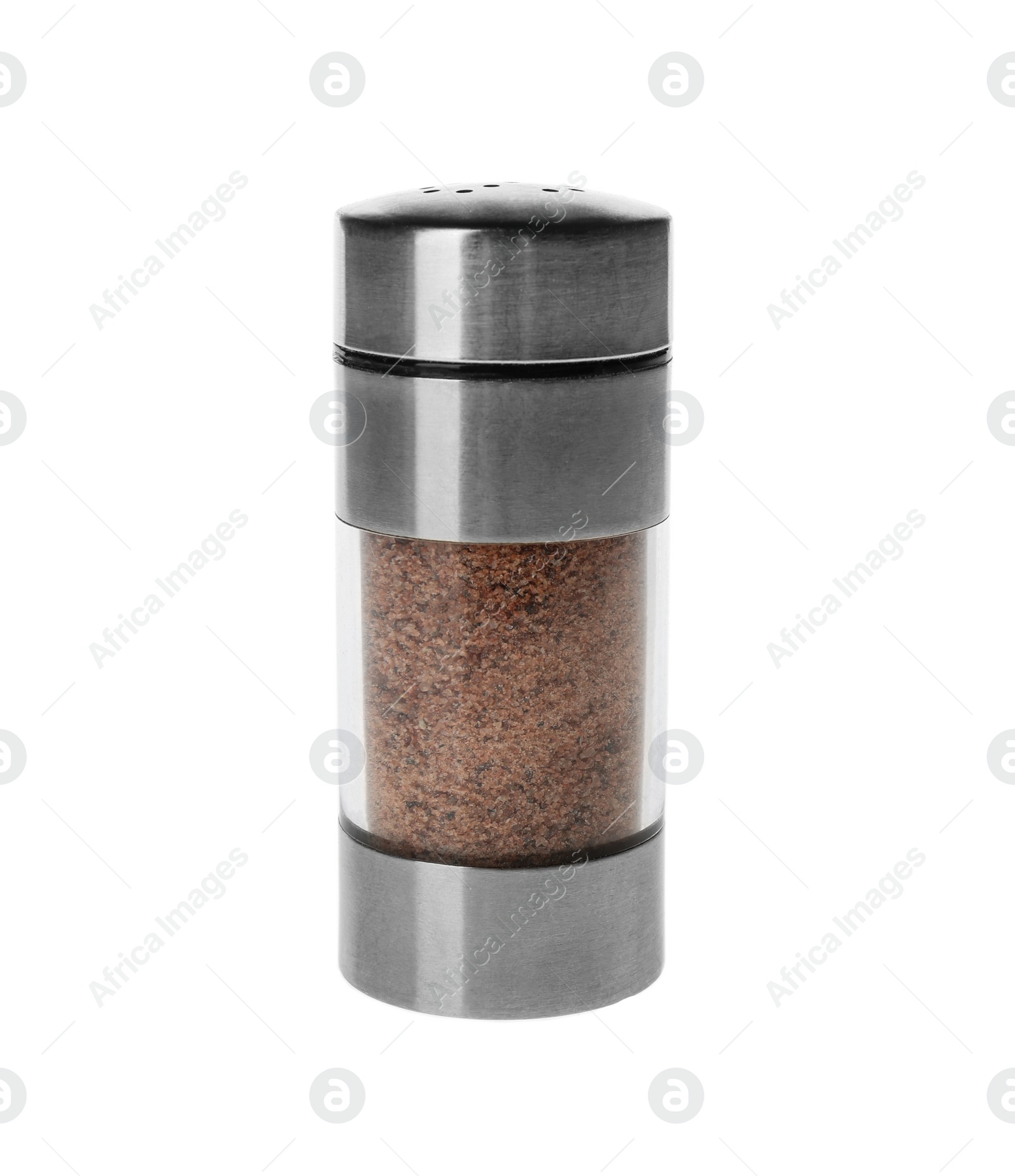 Photo of Ground black salt in shaker isolated on white