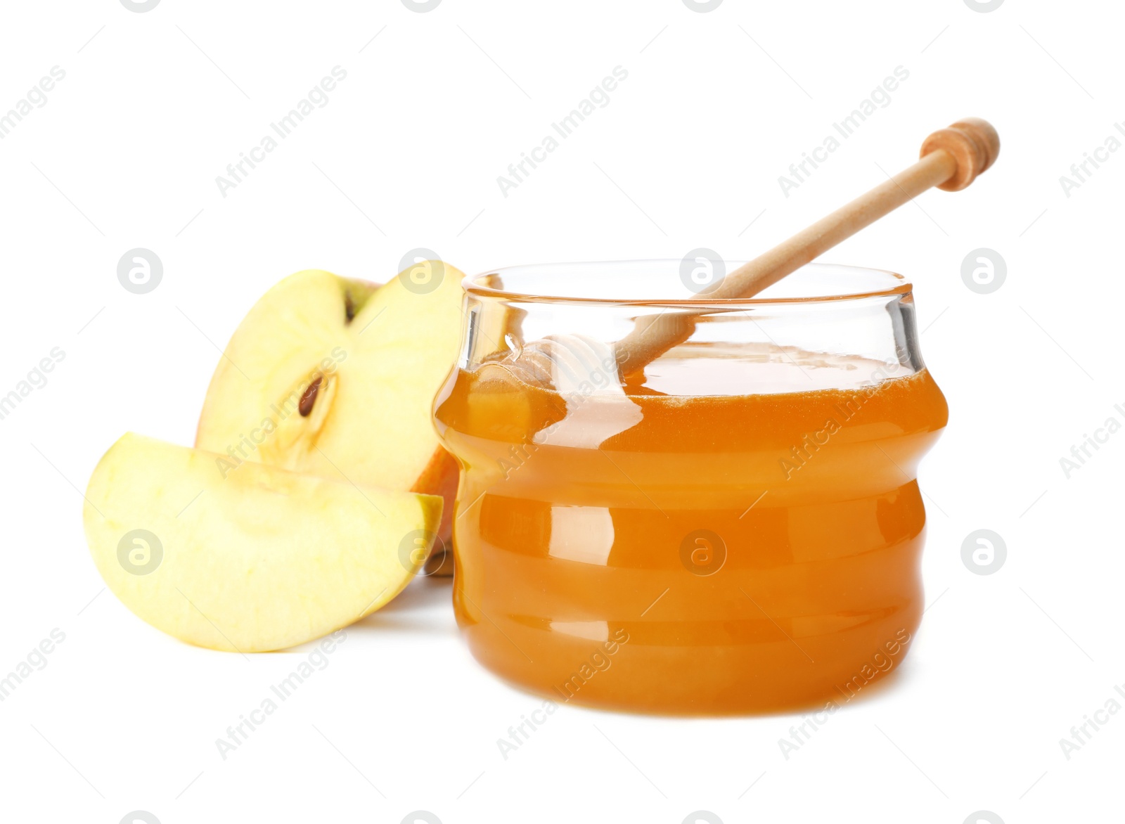 Photo of Glass jar with sweet honey and apples on white background