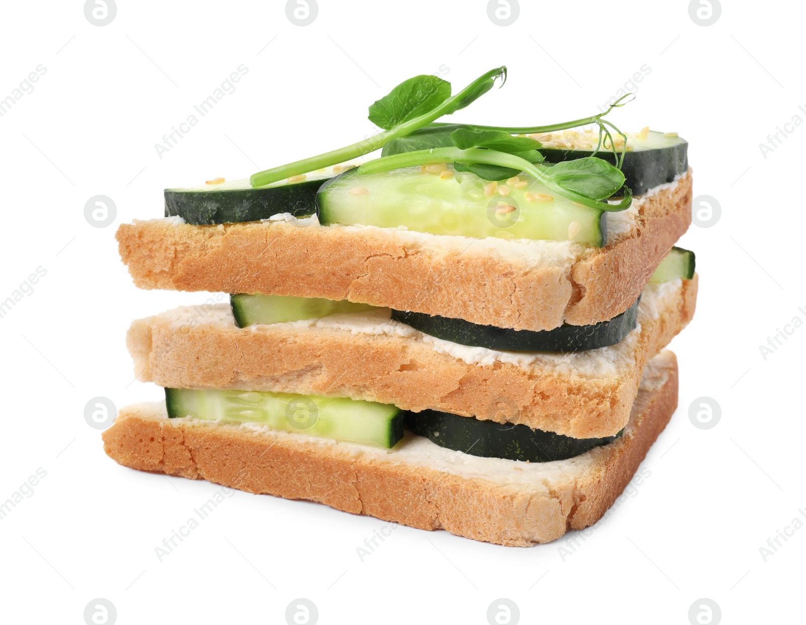 Photo of Tasty cucumber sandwiches with sesame seeds and pea microgreens isolated on white