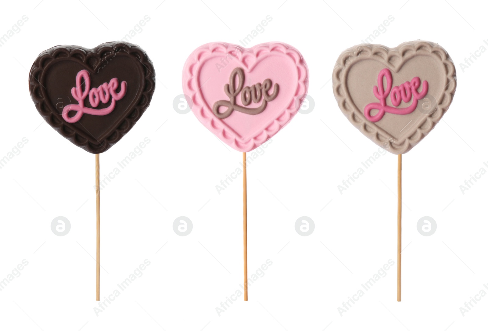 Image of Set with heart shaped lollipops made of chocolate on white background