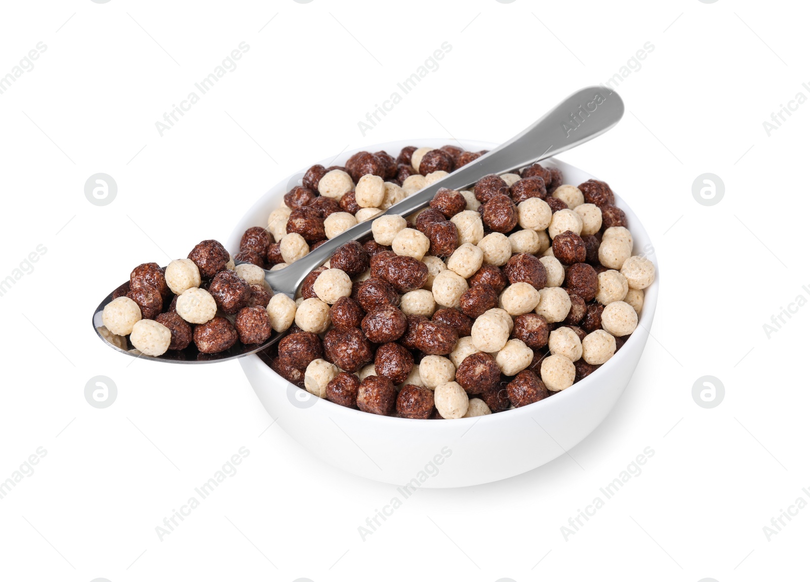 Photo of Tasty sweet cereal balls in bowl and spoon isolated on white