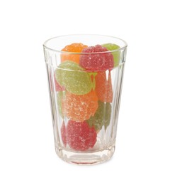 Photo of Delicious gummy candies in glass on white background
