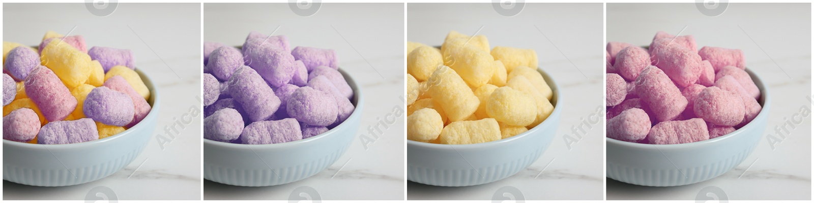 Image of Collage of bowls with colorful corn puffs on white marble table