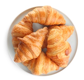 Photo of Plate with tasty croissants on white background, top view. French pastry