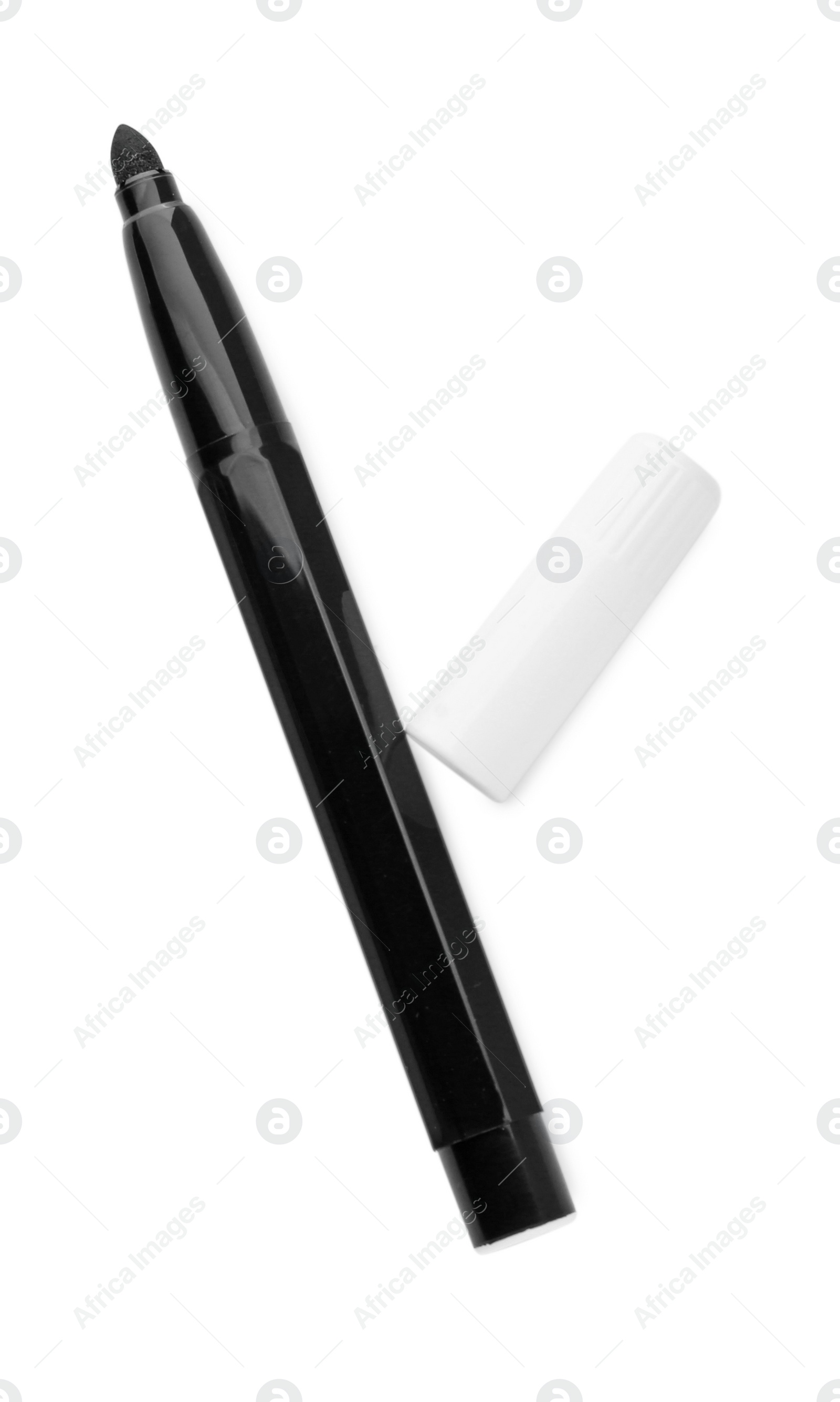 Photo of Black marker and cap isolated on white, top view