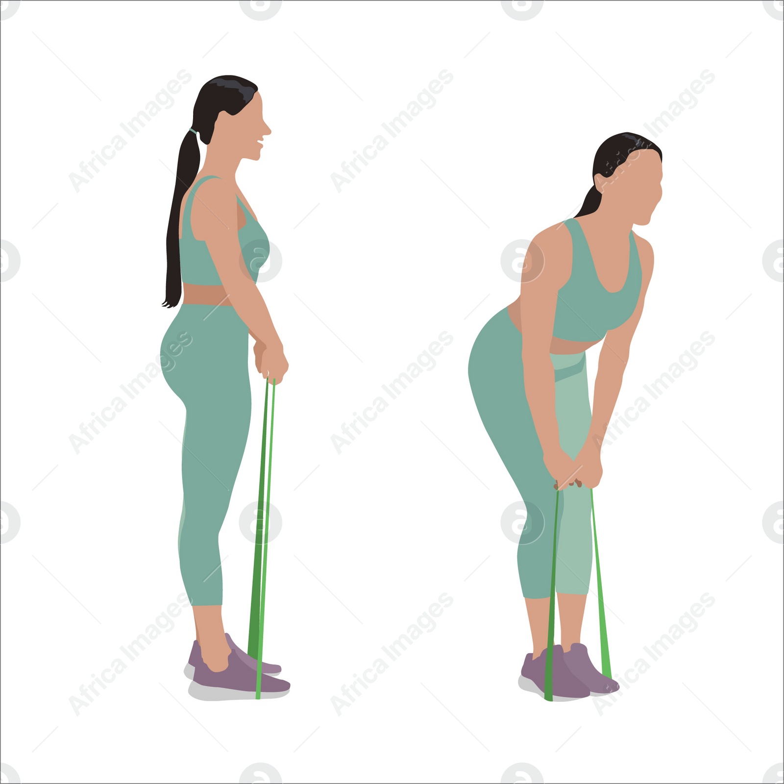 Illustration of Woman doing exercises with fitness elastic band on white background, collage