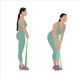 Illustration of Woman doing exercises with fitness elastic band on white background, collage