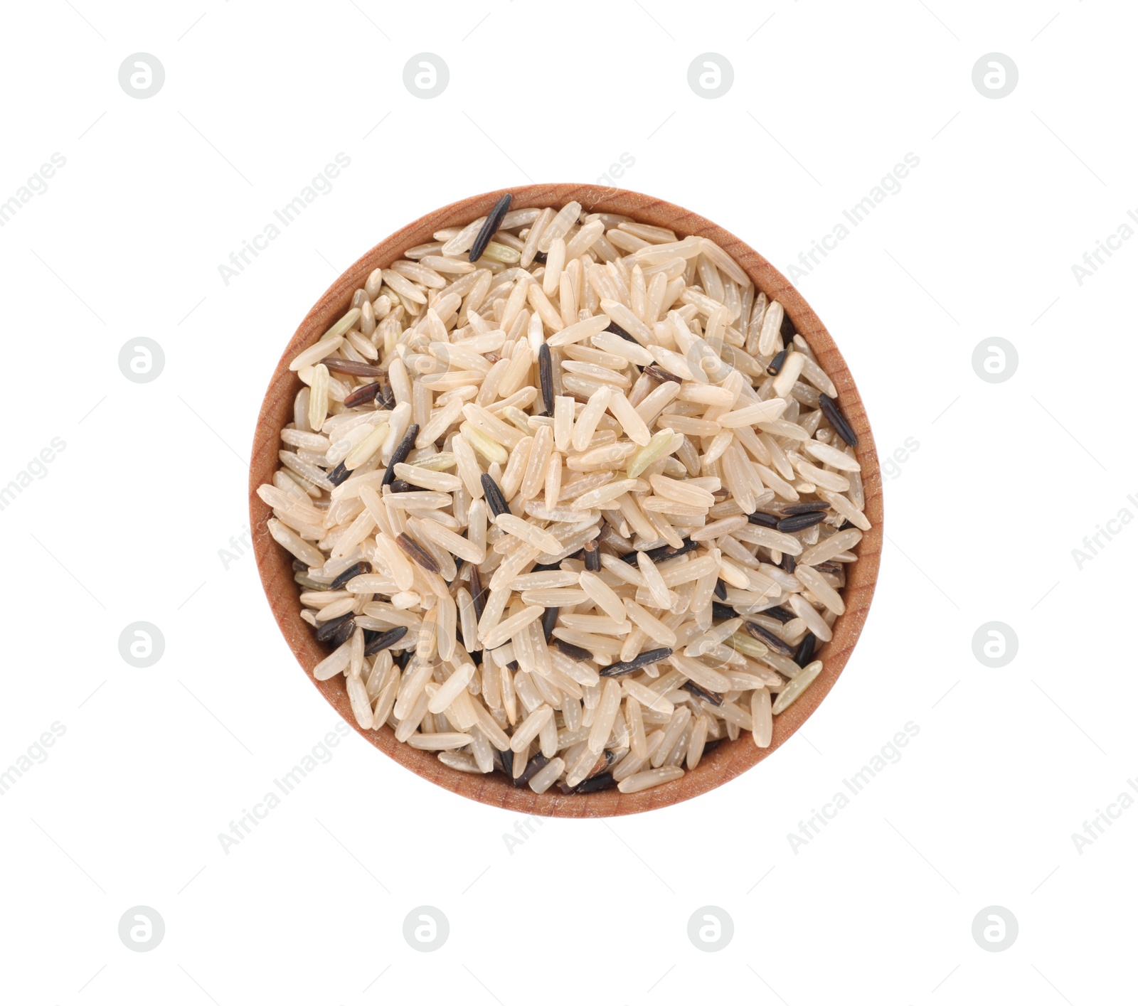 Photo of Bowl with raw unpolished rice isolated on white, top view