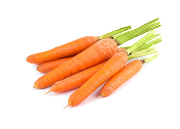 Photo of Bunch of fresh ripe carrots isolated on white