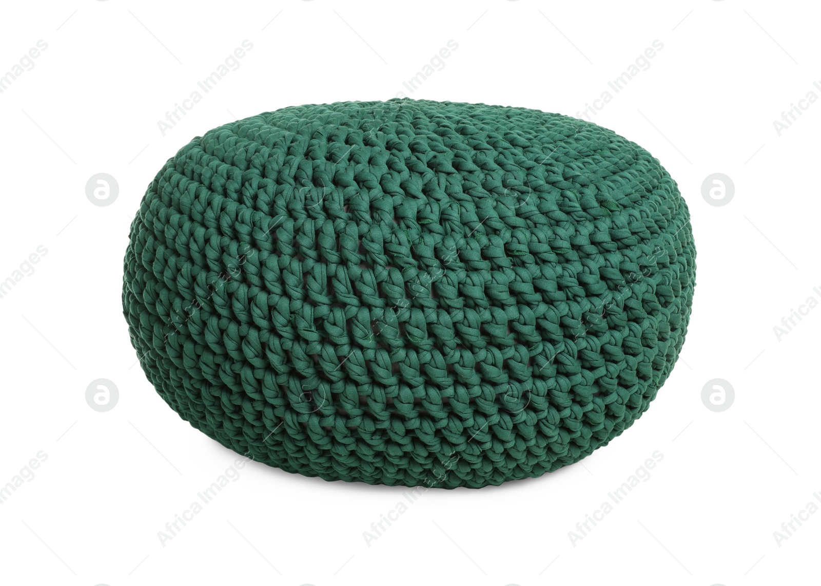 Photo of Stylish green knitted pouf isolated on white