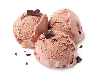 Photo of Tasty ice cream with chocolate chunks isolated on white