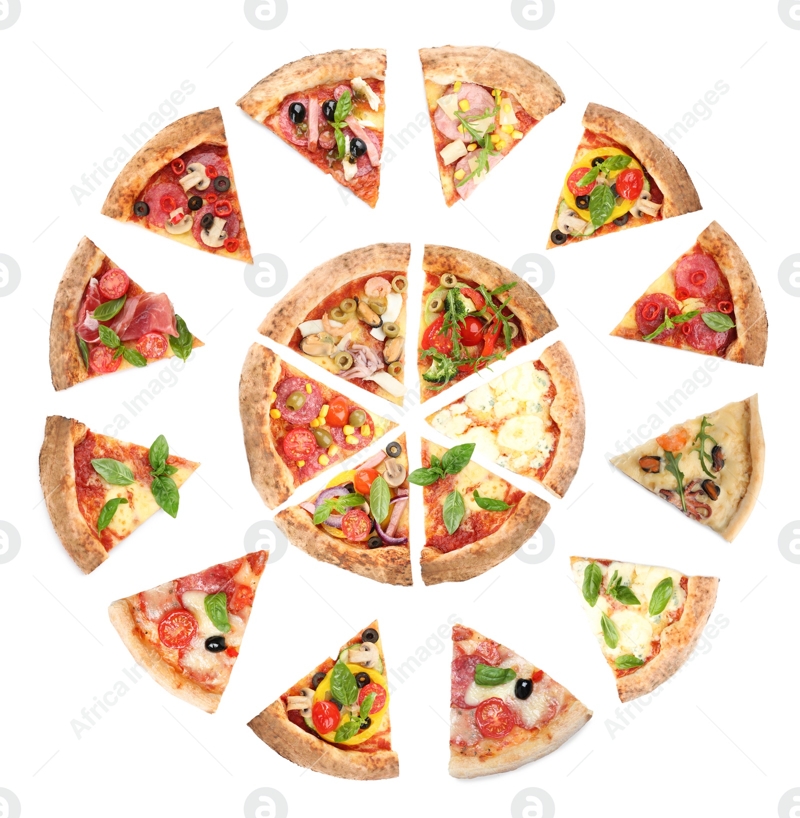 Image of Set with slices of different pizzas on white background, top view