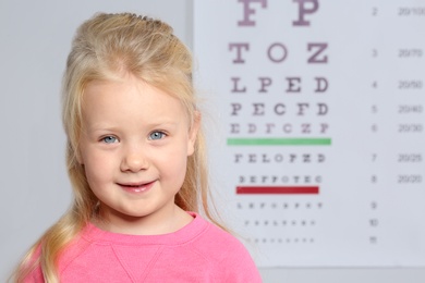 Portrait of cute little girl visiting children's doctor, space for text. Eye examination