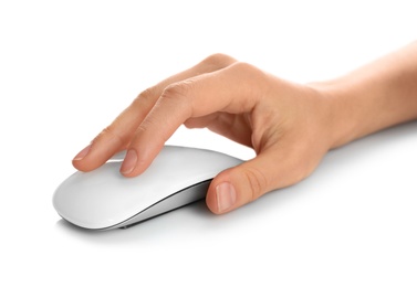 Woman using computer mouse on white background, closeup of hand