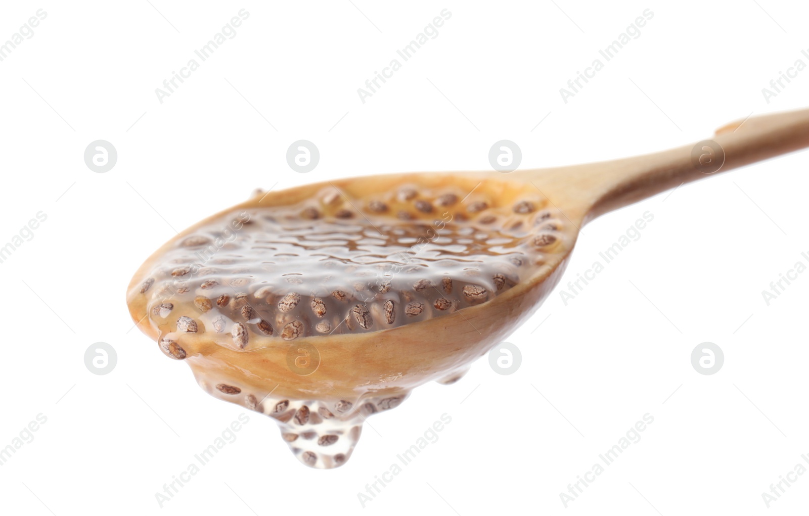 Photo of Spoon with chia seeds in water on white background