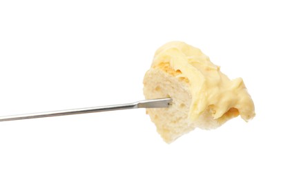 Photo of Tasty fondue. Fork with bread and melted cheese isolated on white