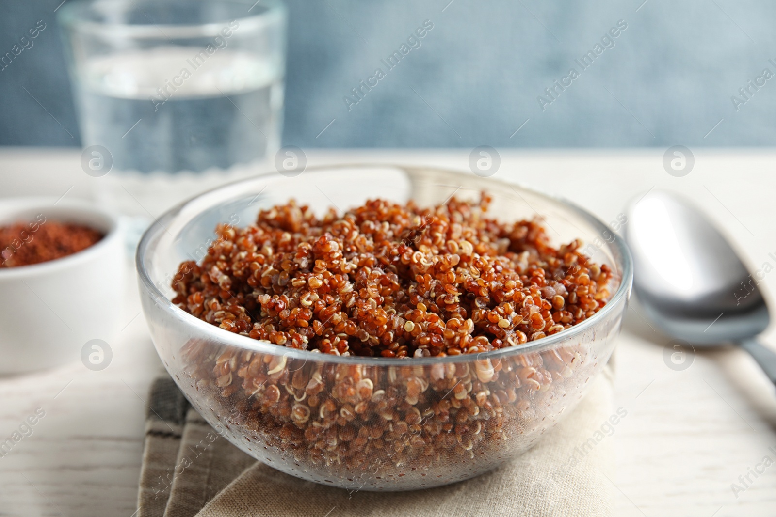 Photo of View of cooked red quinoa in bowl on table