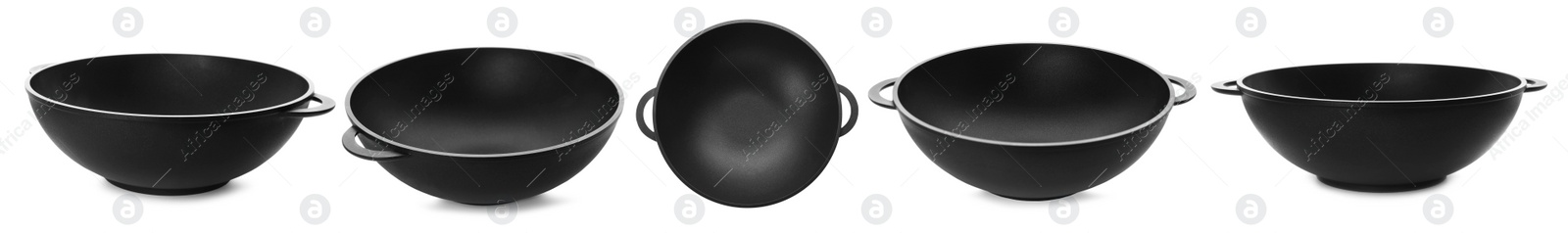 Image of Set with empty woks on white background. Banner design