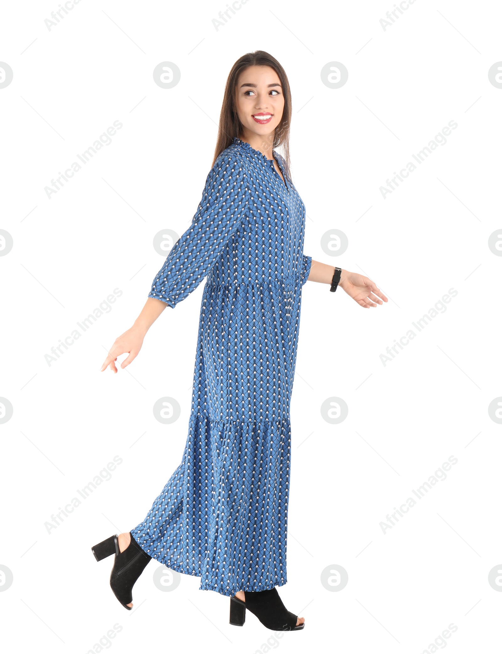 Photo of Portrait of beautiful young woman in stylish dress on white background