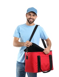 Young courier with thermo bag on white background. Food delivery service