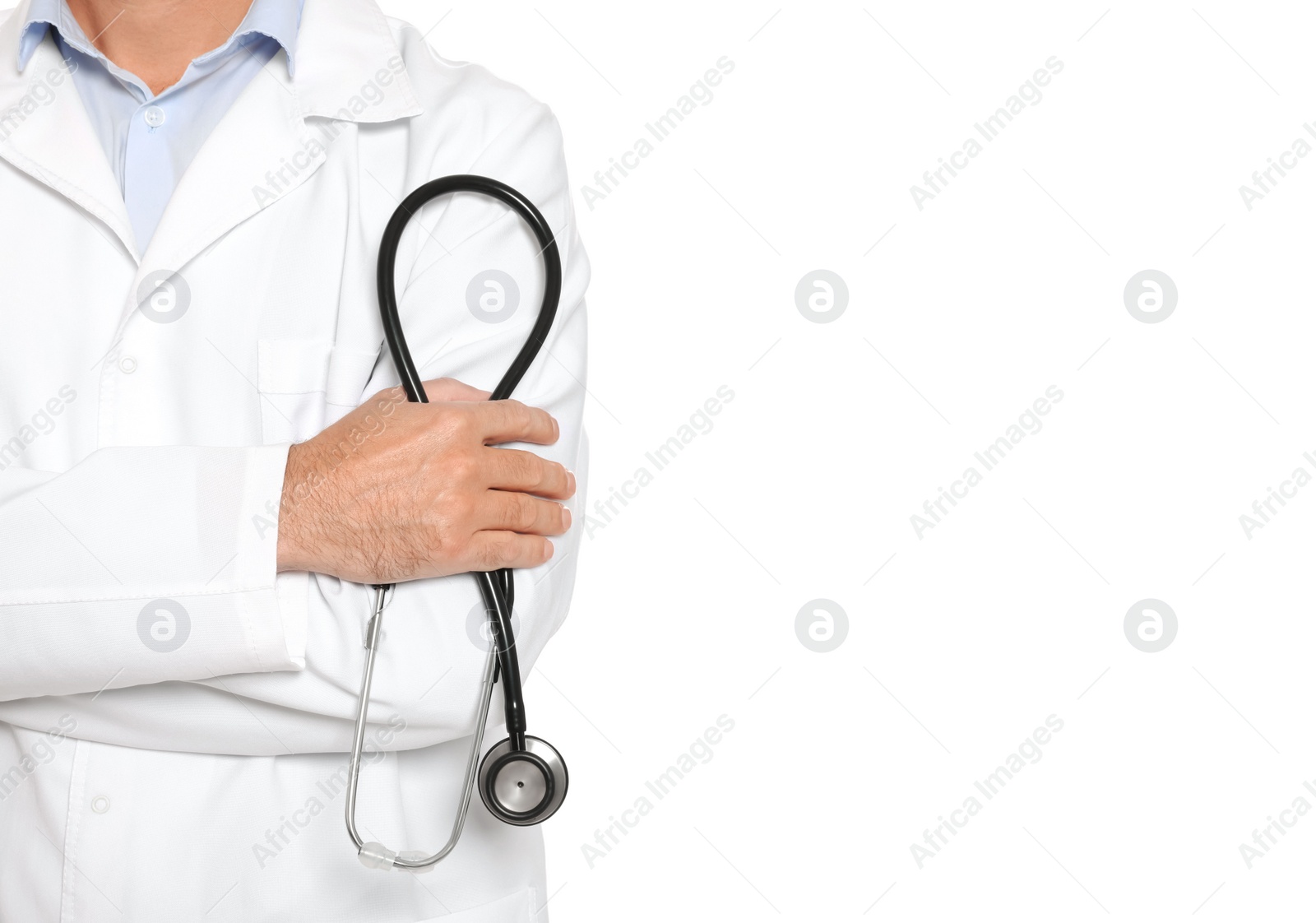 Photo of Doctor with stethoscope on white background, closeup