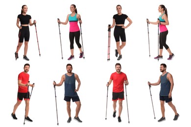 Image of Sporty man and woman with Nordic walking poles on white background, collage with photos