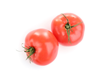 Fresh ripe organic tomatoes isolated on white, top view