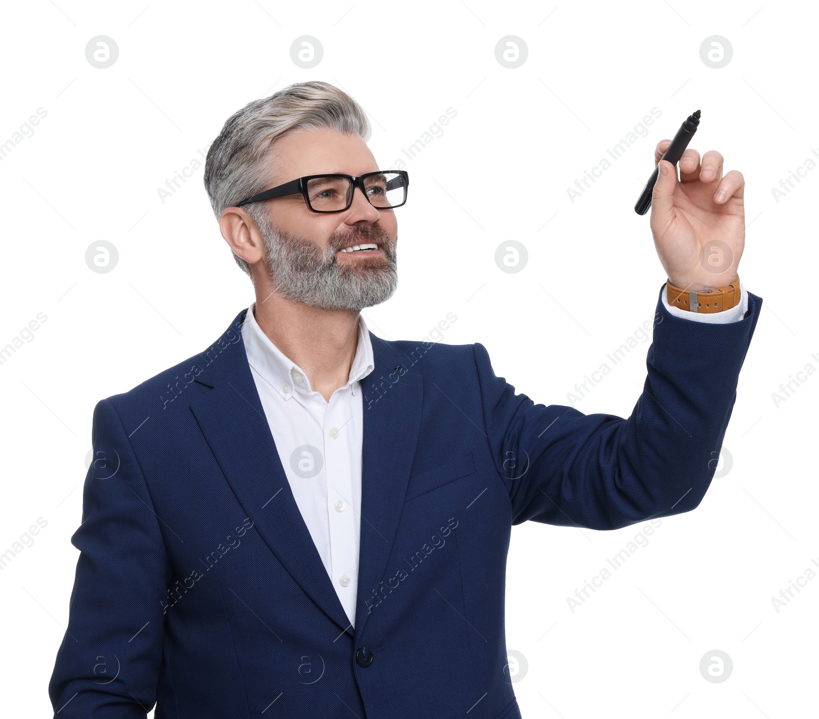 Photo of Mature businessman with marker on white background