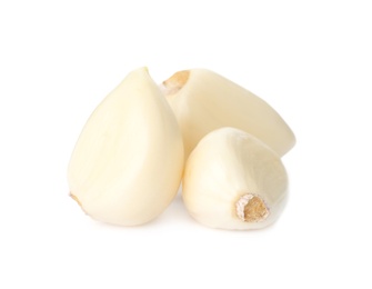 Photo of Fresh organic garlic cloves on white background