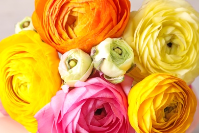 Photo of Bouquet of beautiful ranunculus flowers, closeup view