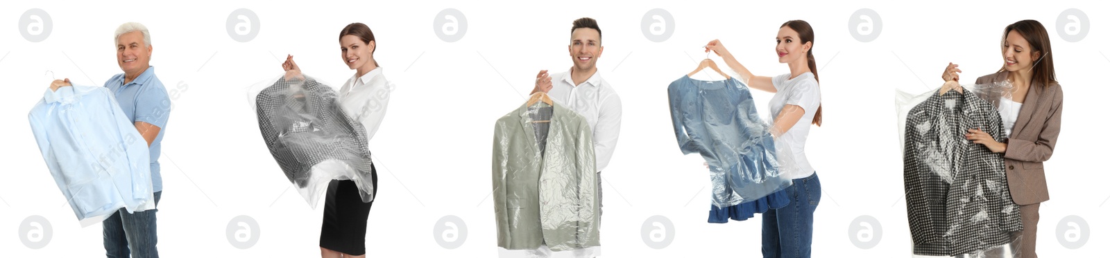 Image of Collage with photos of people holding clothes on white background, banner design. Dry-cleaning service